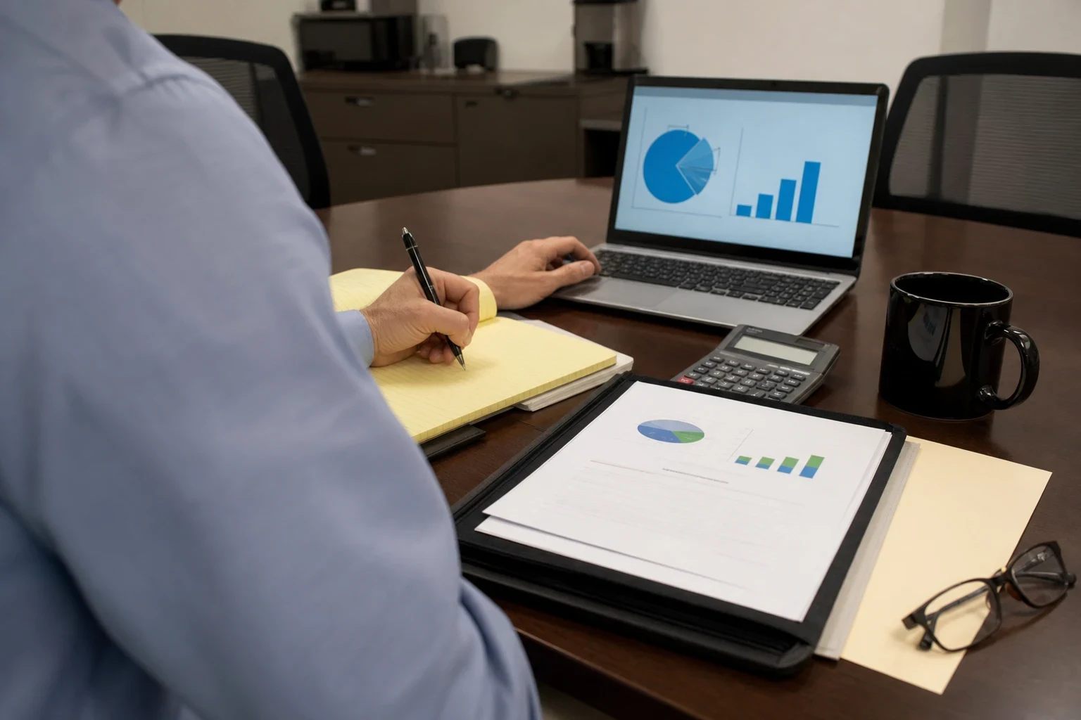 Over-the-shoulder view of a man writing on a yellow legal pad at a conference table, with a laptop showing charts, a printed report, calculator, mug and glasses