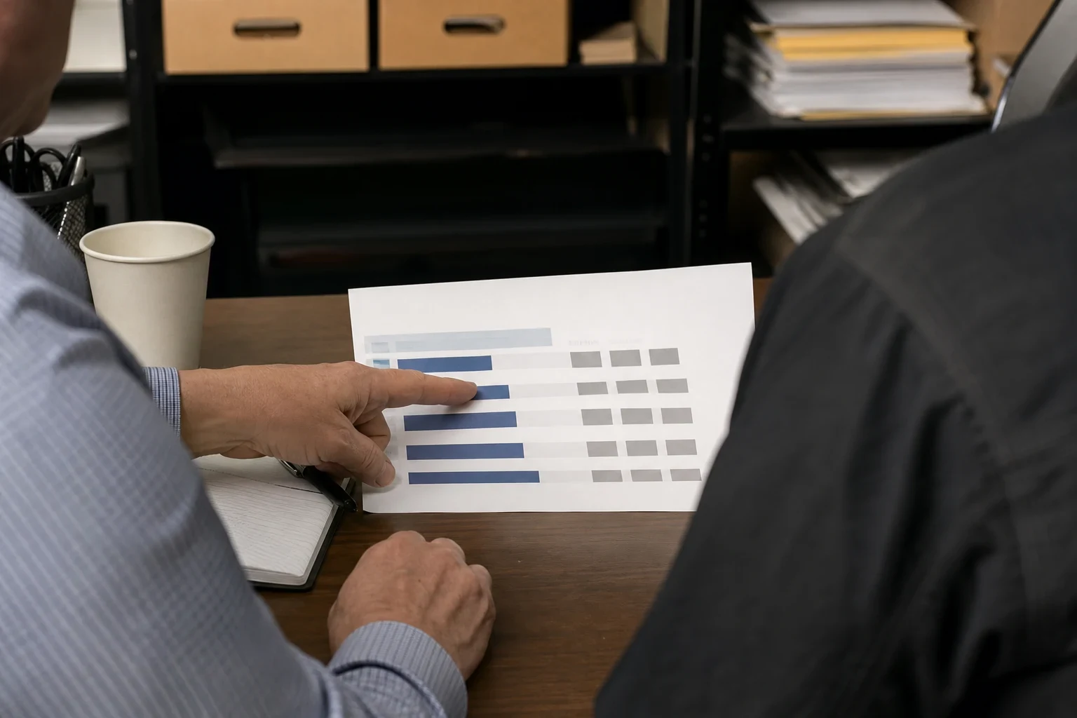 Agent in a blue checked shirt points at a printed bar chart on a wooden desk while a client in a dark jacket looks on, with shelves of files and boxes behind